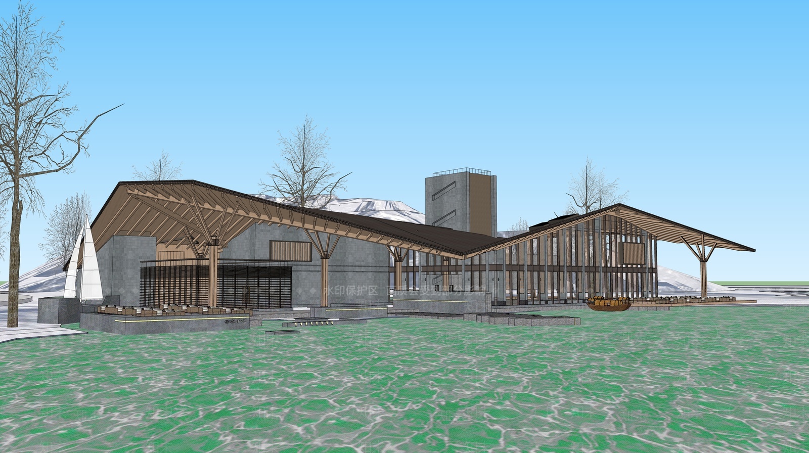 现代展览馆建筑SU模型下载【ID:1204377749】