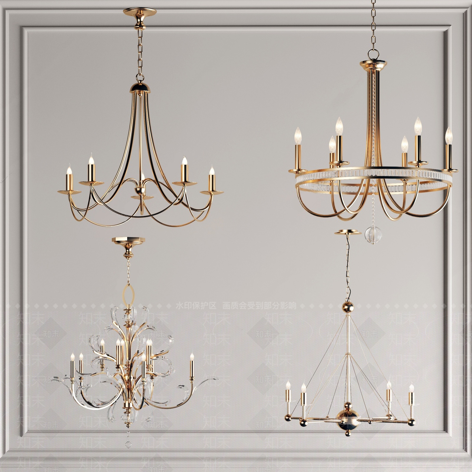 欧式轻奢金属水晶吊灯组合SU模型下载【ID:1204379569】