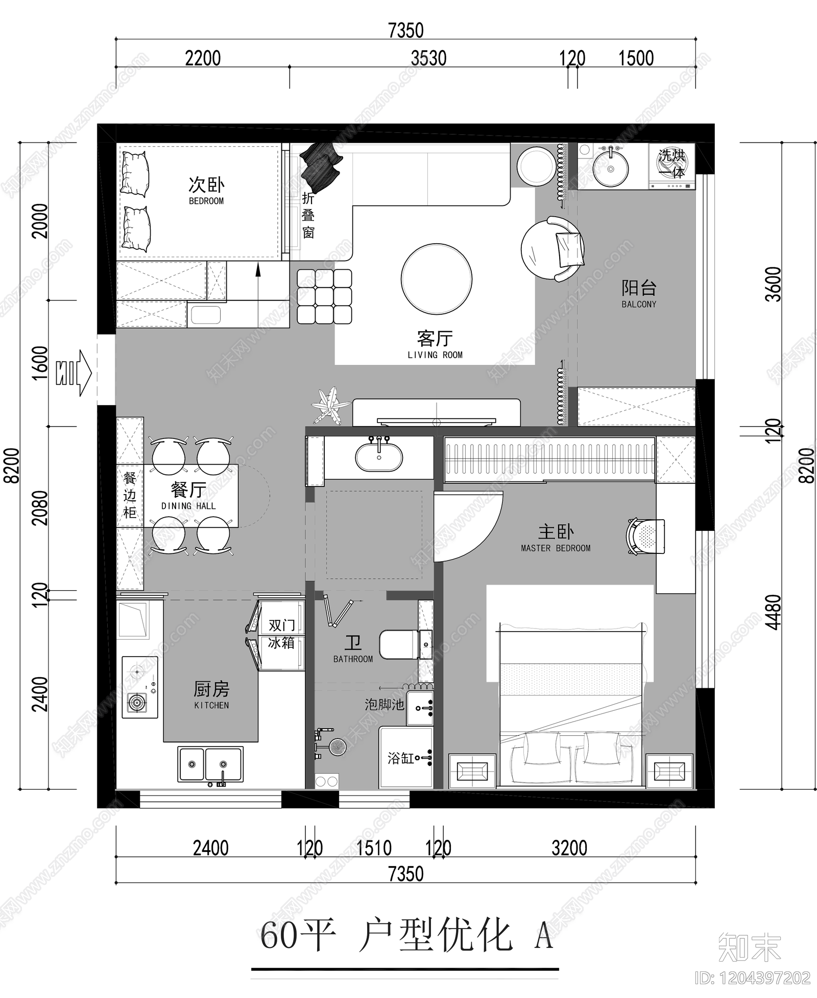 小户型平层cad施工图下载【ID:1204397202】