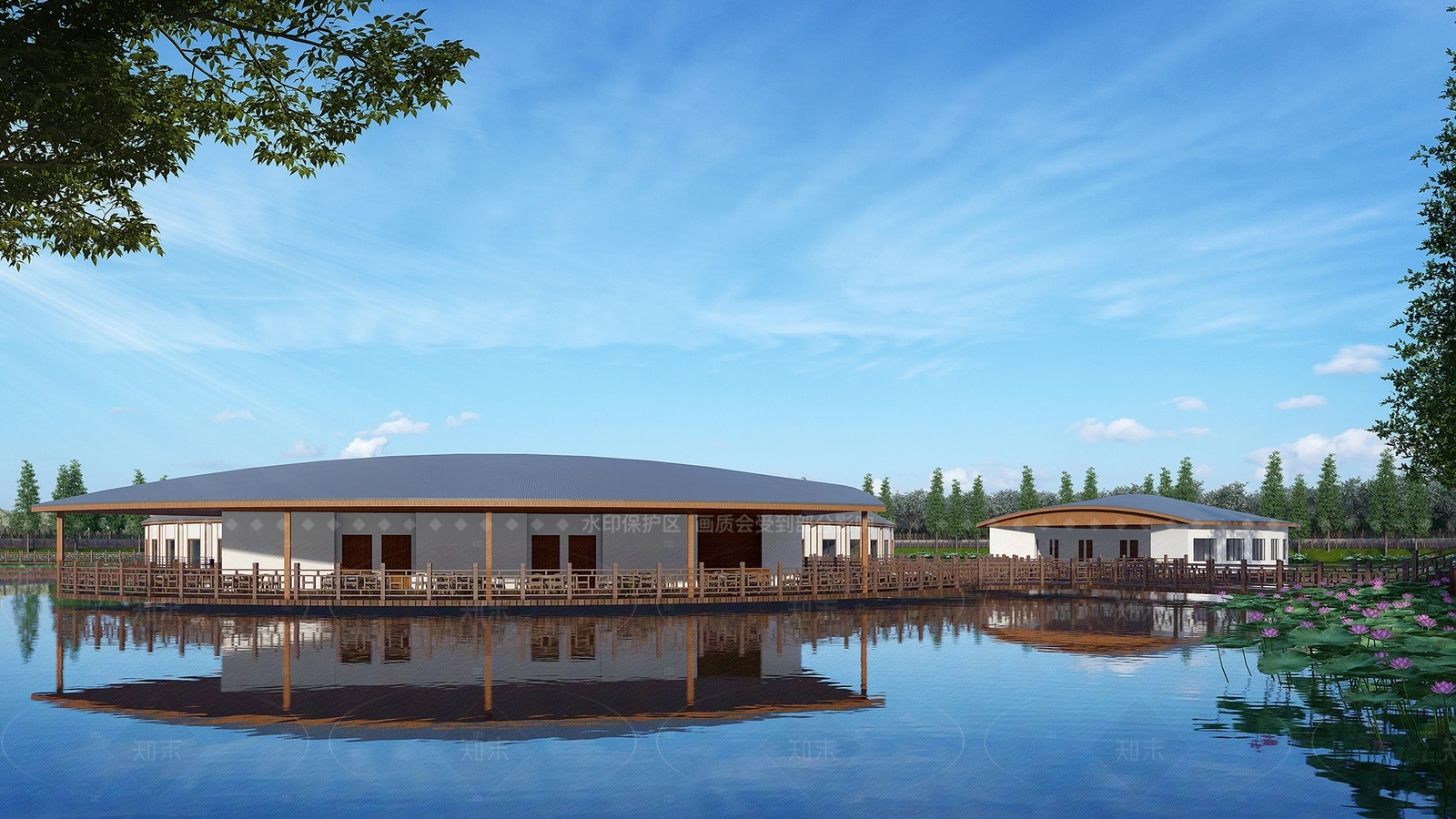 新中式滨水景观SU模型下载【ID:1205694262】