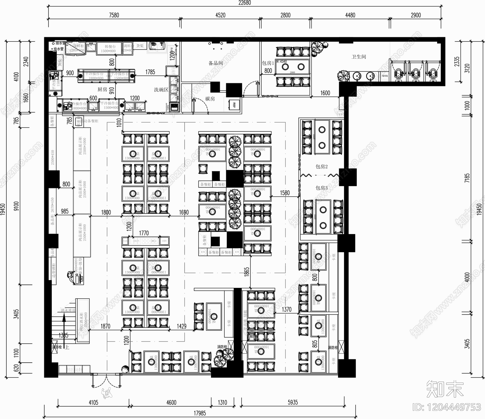 现代工业烧烤店施工图下载【ID:1204449753】