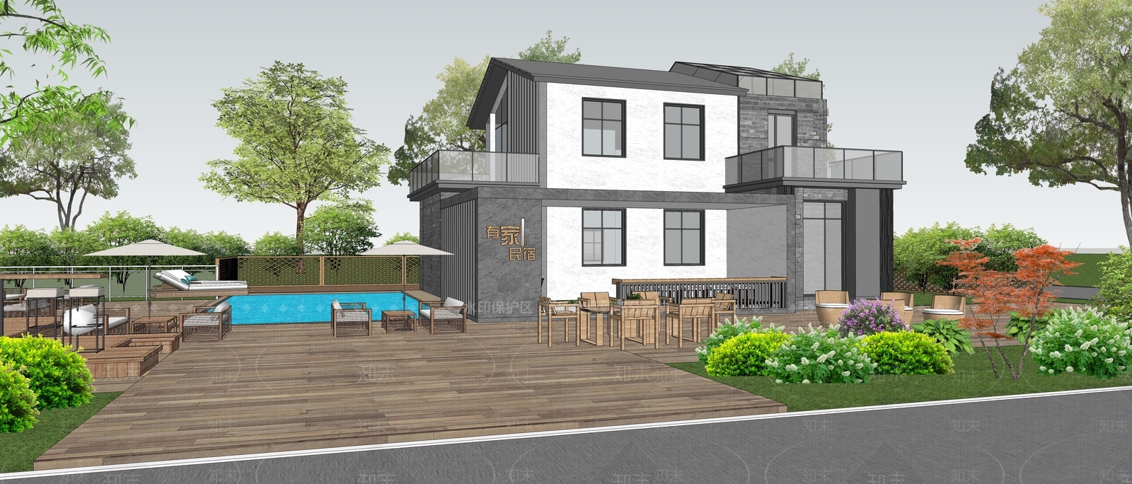 新中式现代民宿建筑SU模型下载【ID:1204489060】