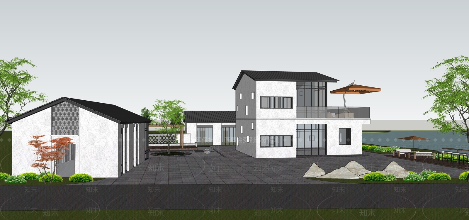 新中式现代民宿建筑SU模型下载【ID:1204500908】