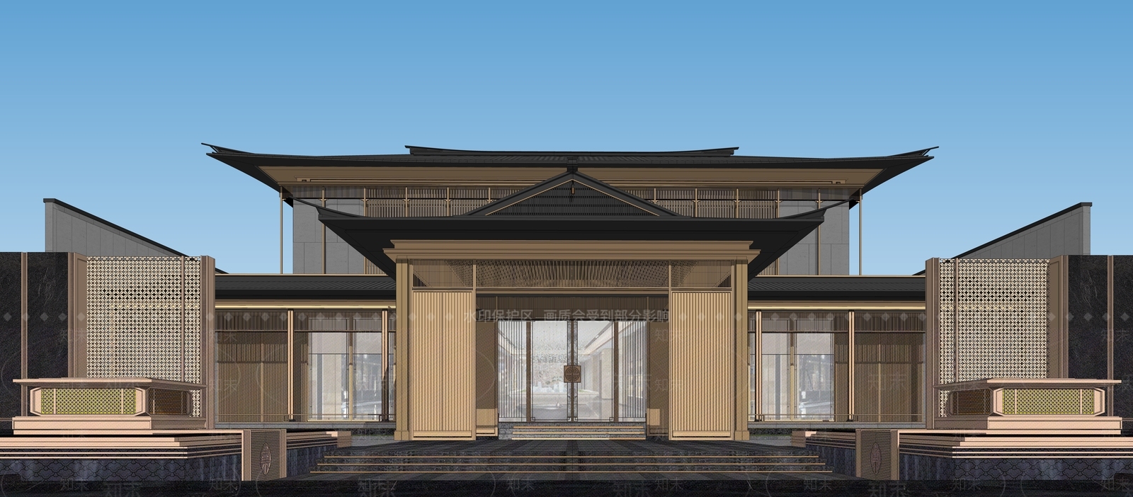 新中式中式售楼处建筑SU模型下载【ID:1204502072】