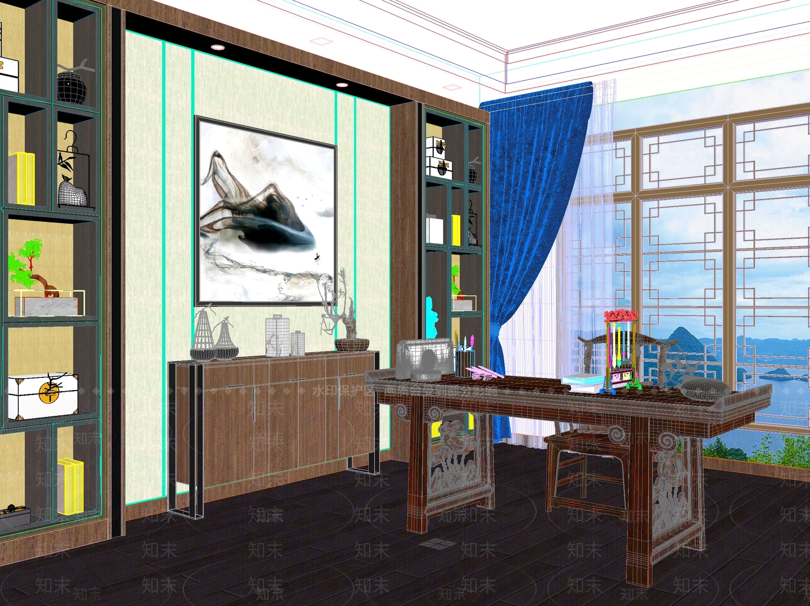 新中式中式书桌椅3D模型下载【ID:1204503512】