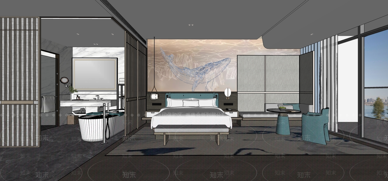 现代新中式酒店客房SU模型下载【ID:1204684877】