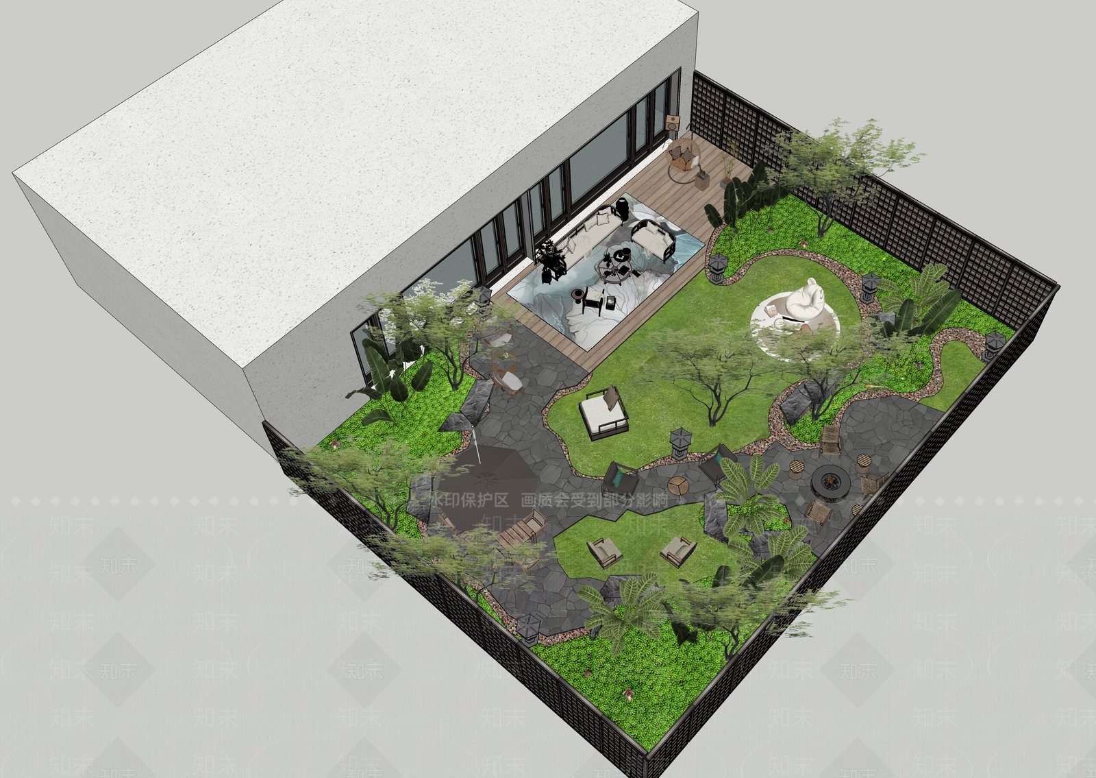 现代新中式别墅庭院SU模型下载【ID:1204539049】