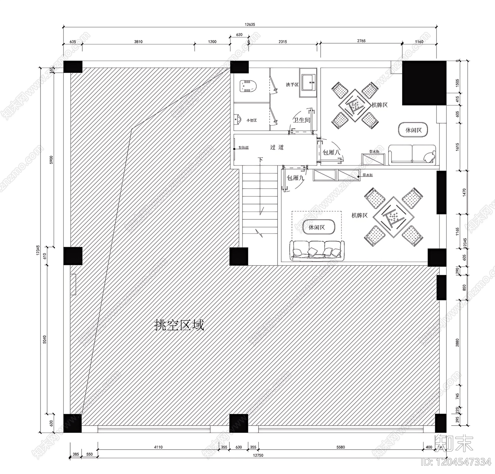 现代棋牌室cad施工图下载【ID:1204547334】
