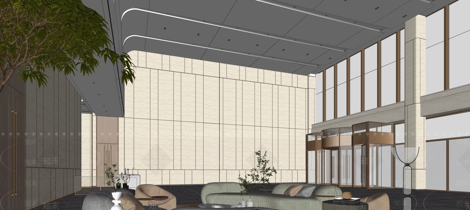 现代简约办公大堂SU模型下载【ID:1204550133】