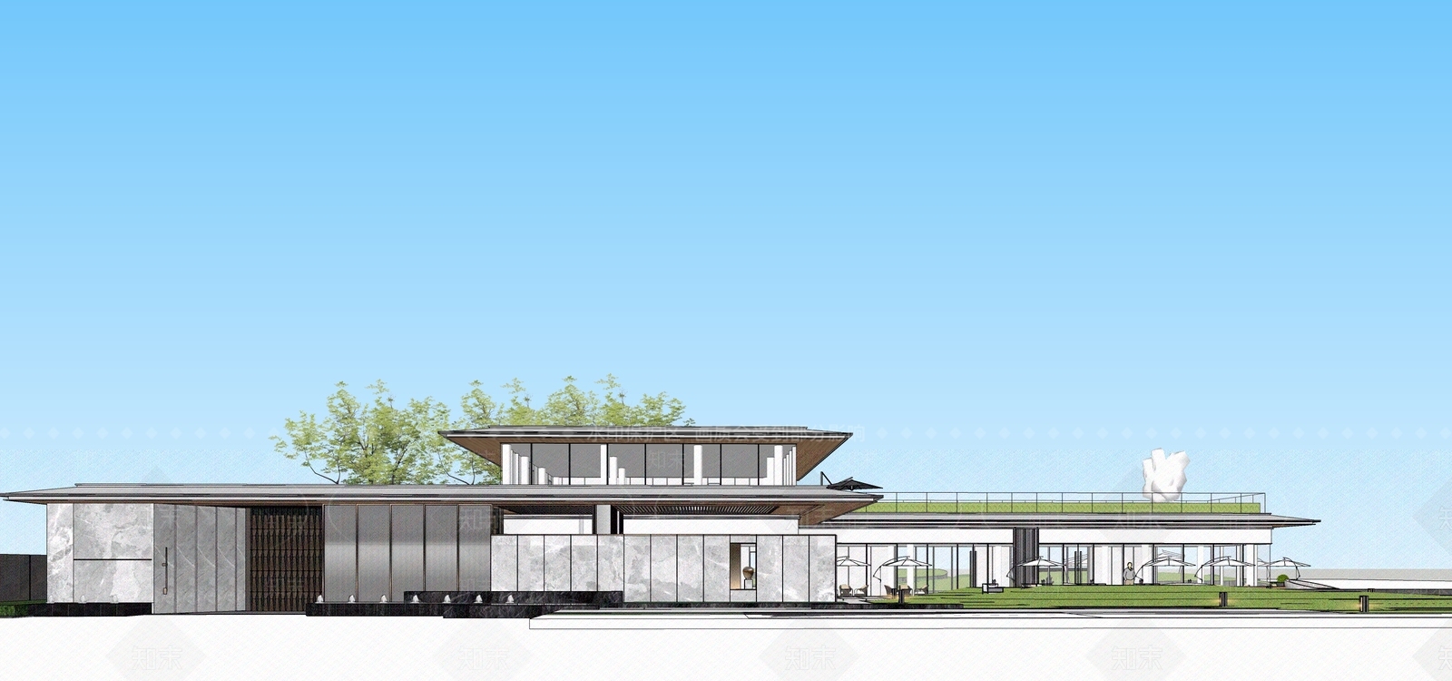 现代售楼处建筑SU模型下载【ID:1204554089】