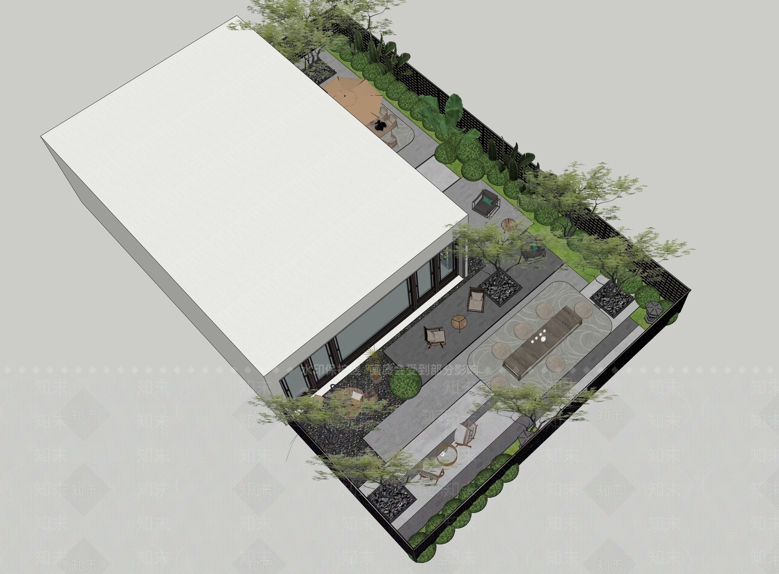 现代新中式别墅庭院SU模型下载【ID:1204557625】
