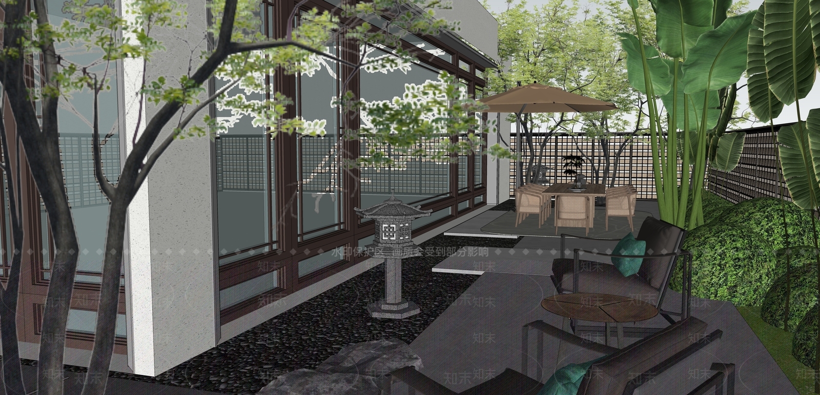 现代新中式别墅庭院SU模型下载【ID:1204557625】