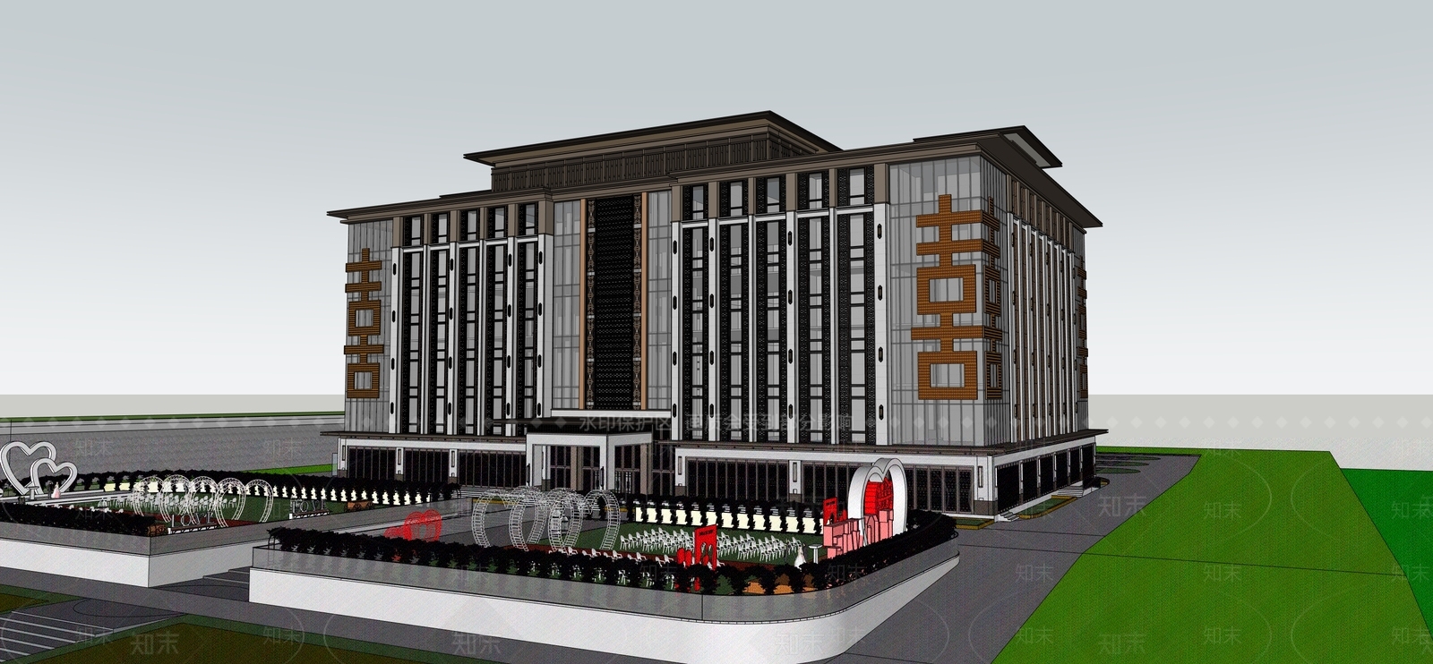 现代新中式酒店建筑SU模型下载【ID:1204592913】