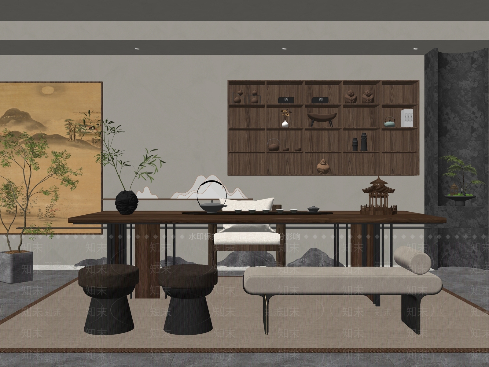 新中式禅意茶室SU模型下载【ID:1204606075】