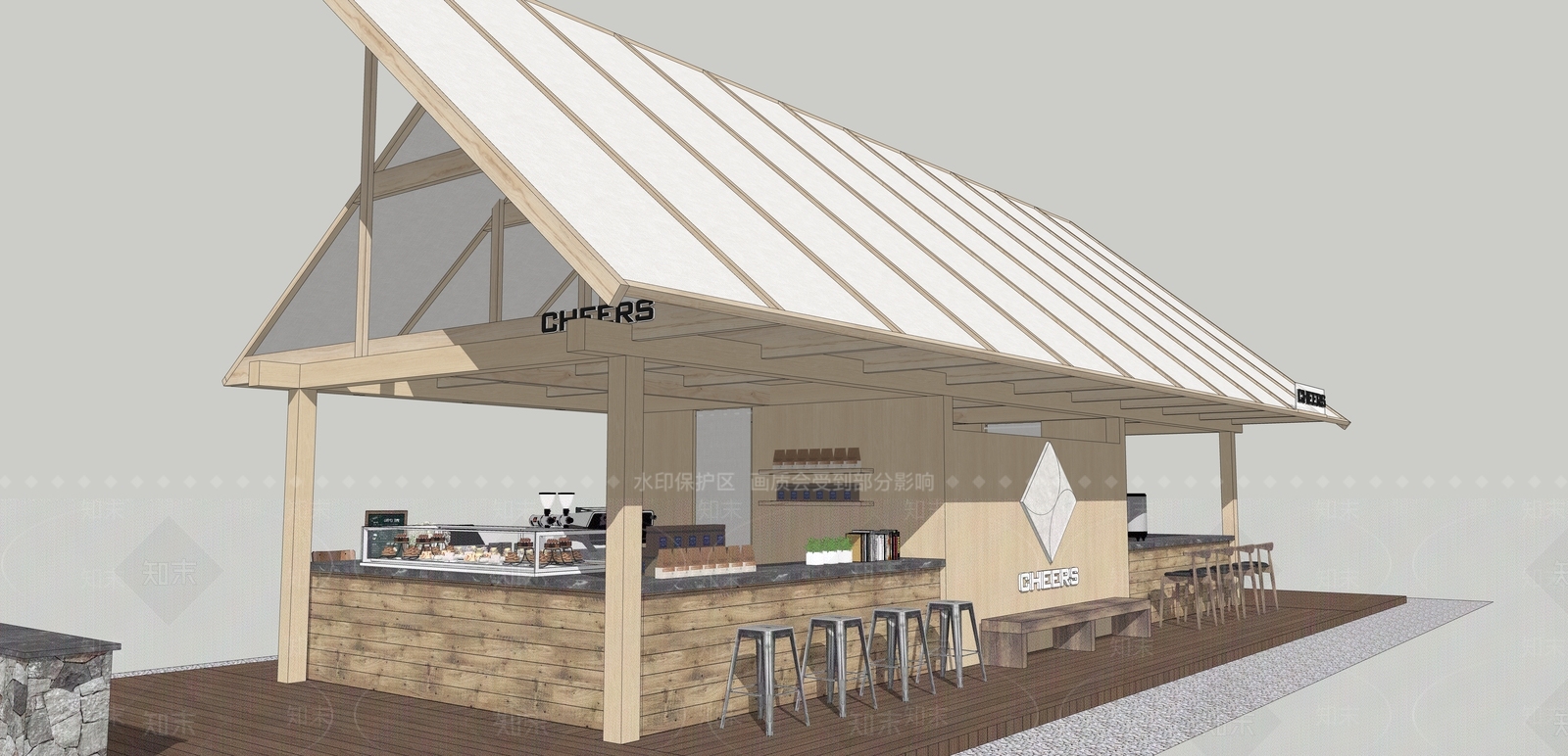 新中式原木咖啡厅SU模型下载【ID:1204629410】