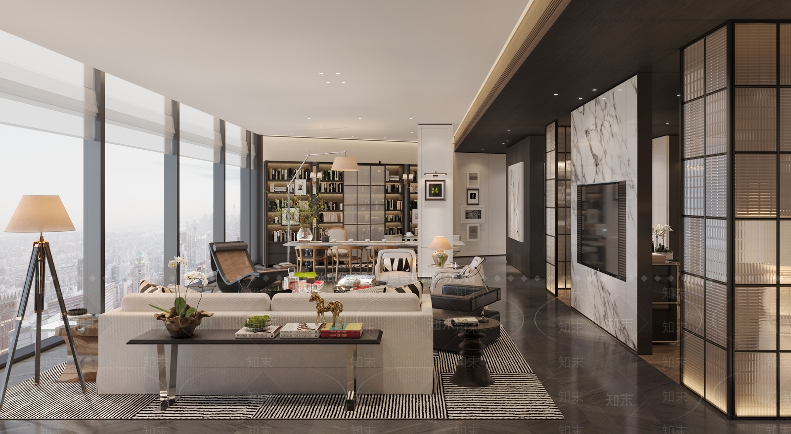 新中式现代别墅客厅3D模型下载【ID:1204649736】