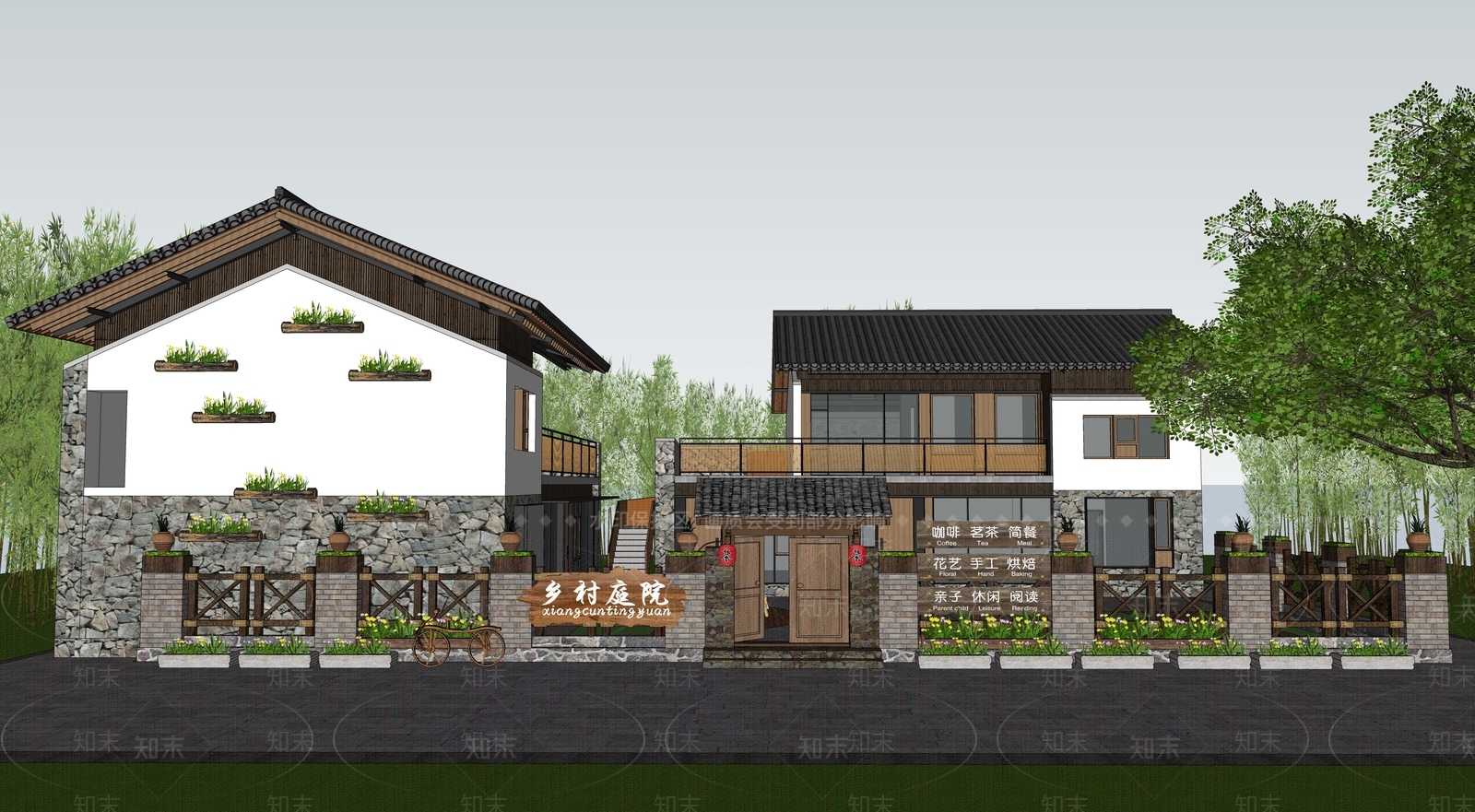 新中式民宿建筑SU模型下载【ID:1204689647】