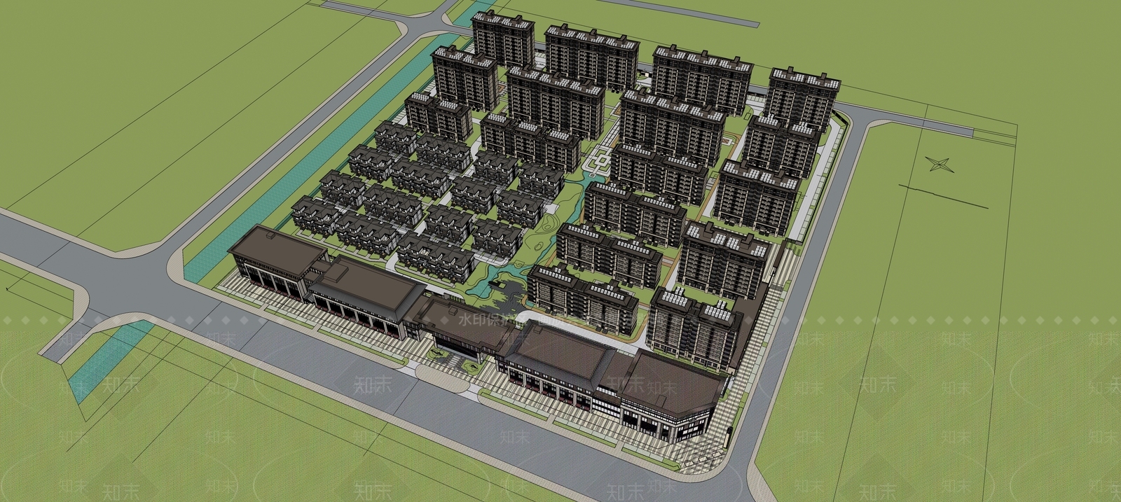 新中式小区建筑SU模型下载【ID:1204725015】