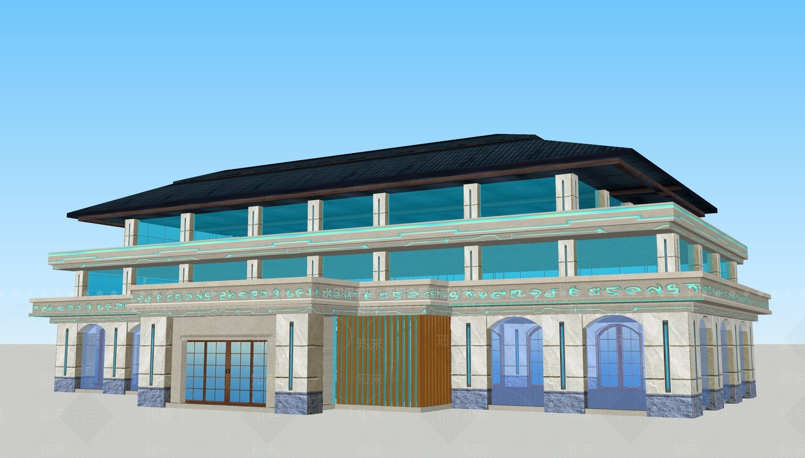 现代新中式酒店建筑SU模型下载【ID:1204732032】