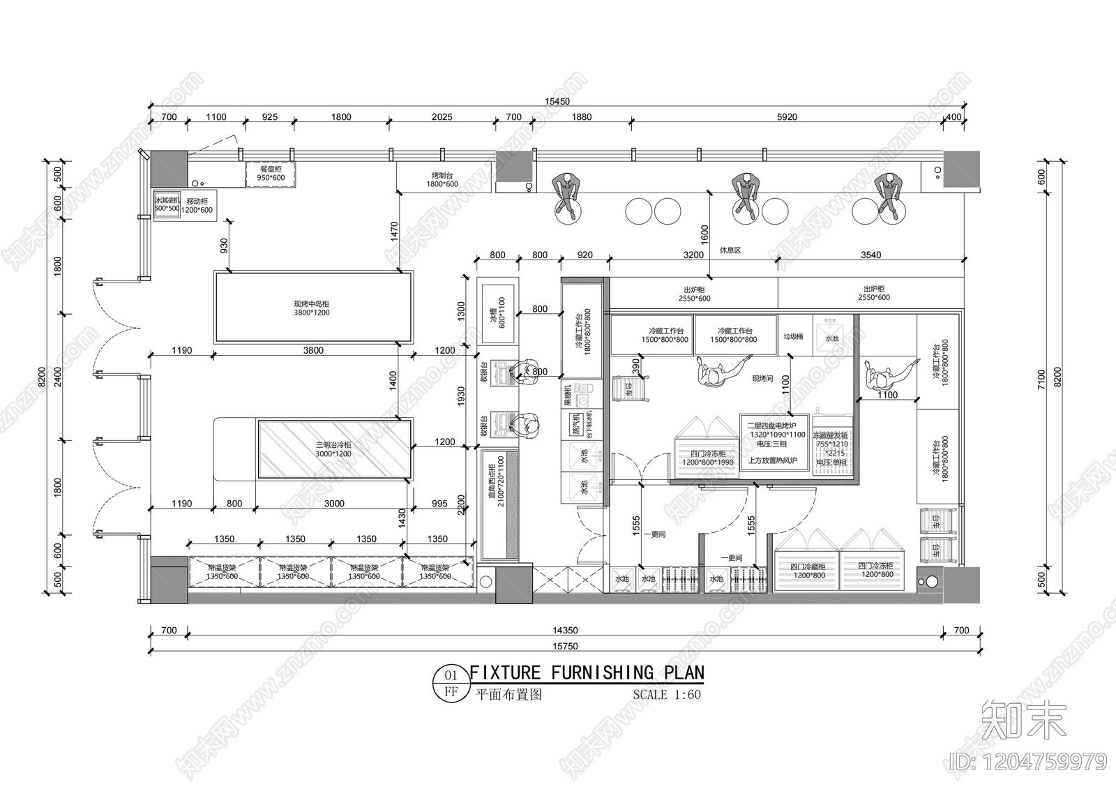 现代面包店cad施工图下载【ID:1204759979】