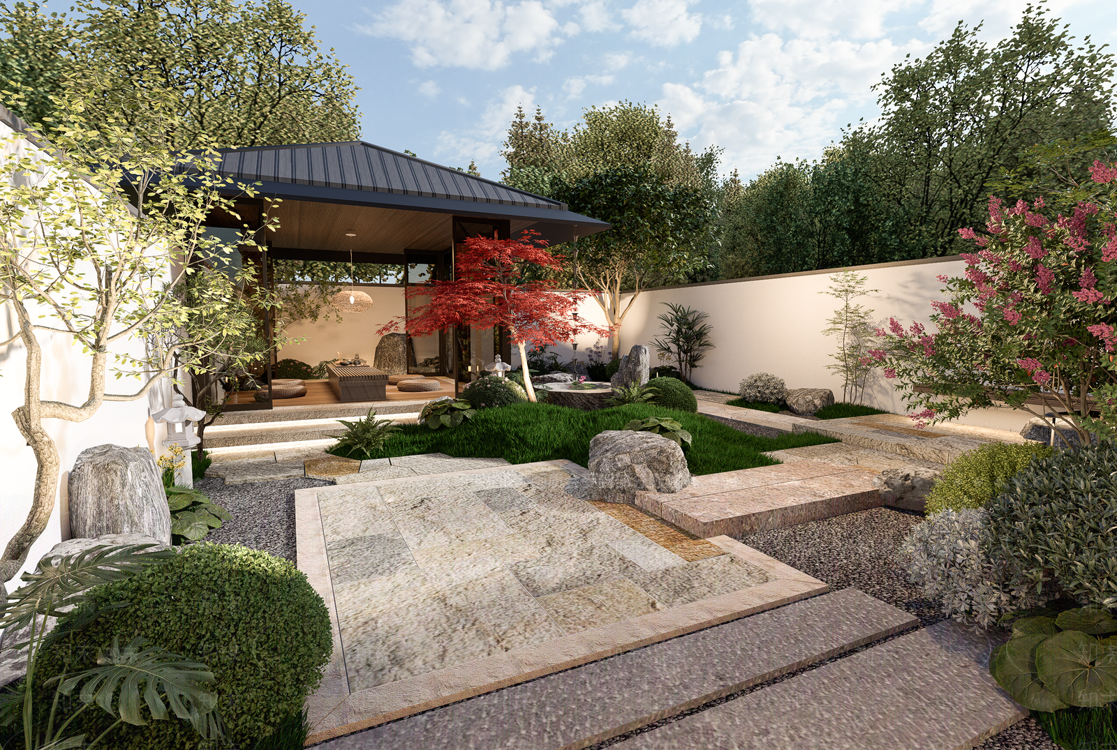 日式禅意别墅庭院SU模型下载【ID:1204791643】