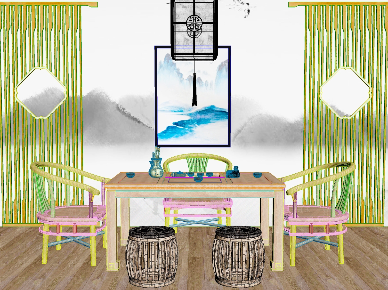 中式新中式茶桌椅3D模型下载【ID:1204808332】