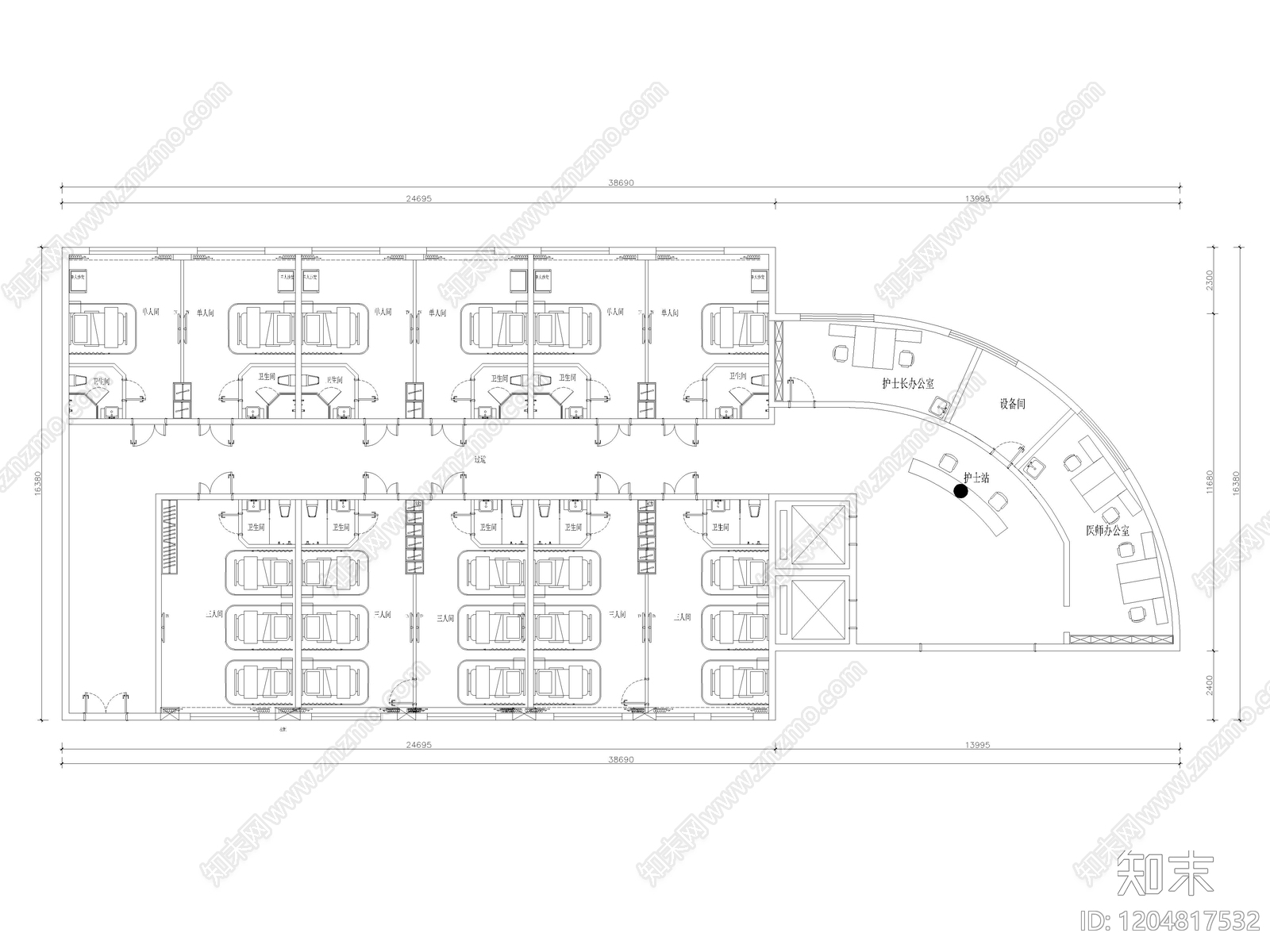8套医院病房VIP单人间病房ICU病房CAD施工图cad施工图下载【ID:1204817532】