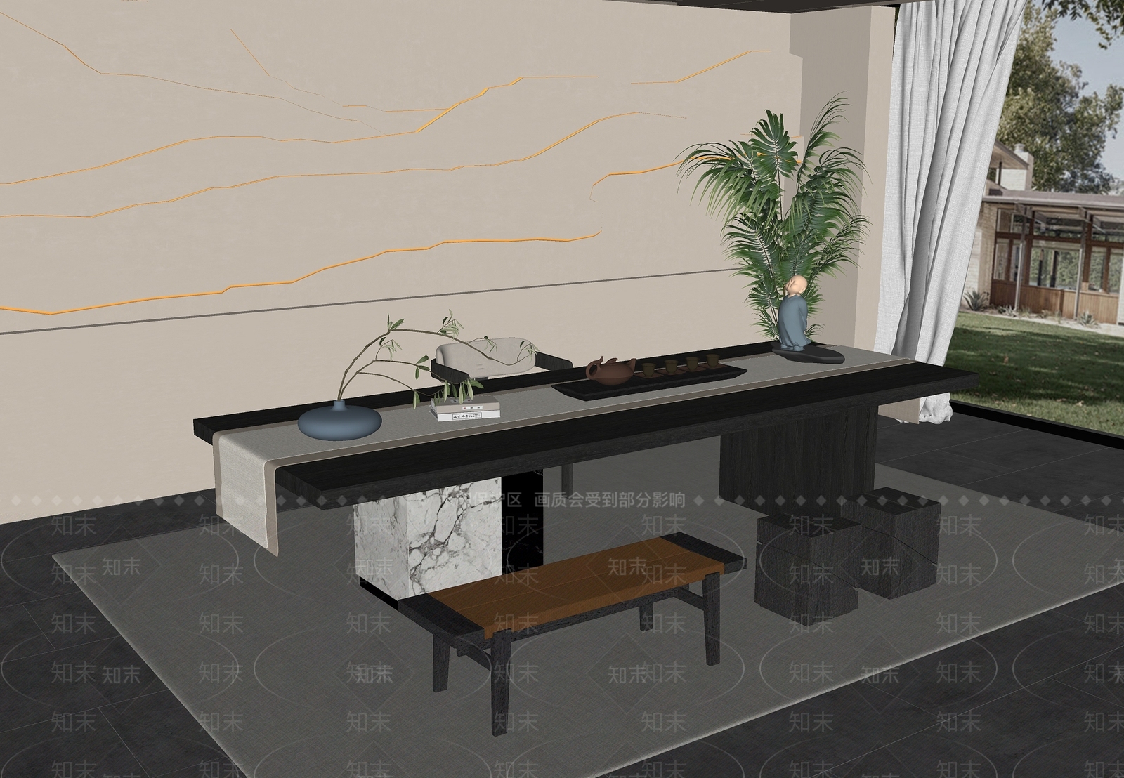 现代新中式茶桌椅SU模型下载【ID:1204866438】