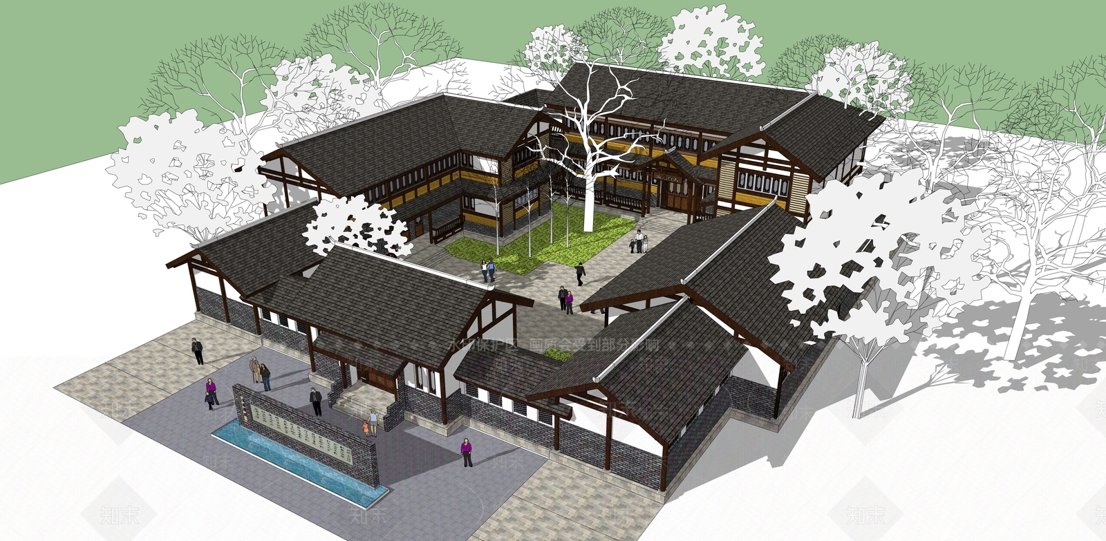 新中式中式古建筑SU模型下载【ID:1204836820】