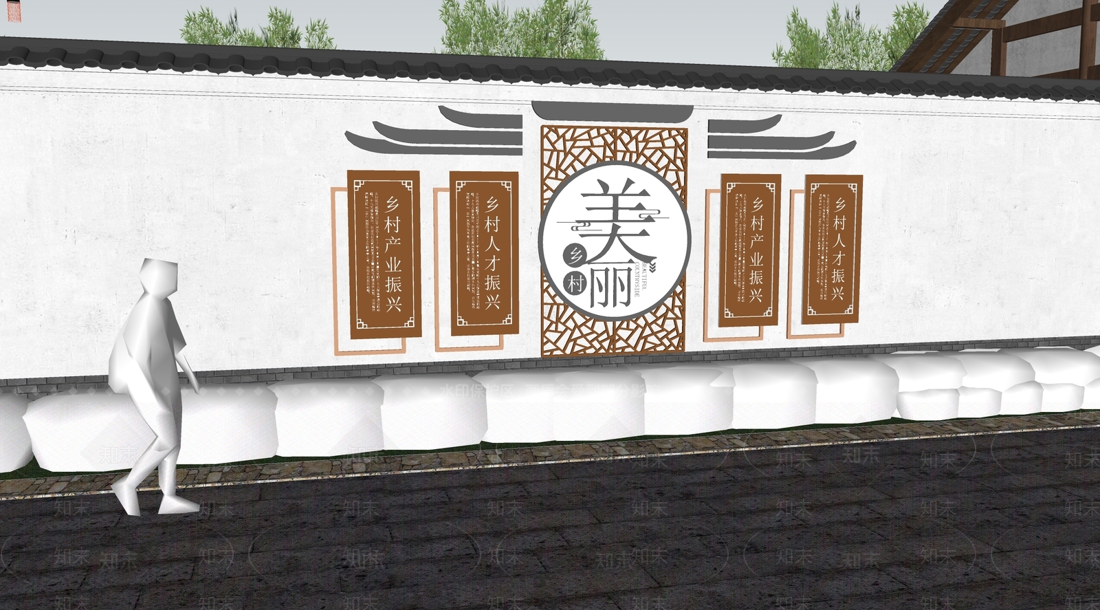 现代新中式景墙SU模型下载【ID:1204887583】