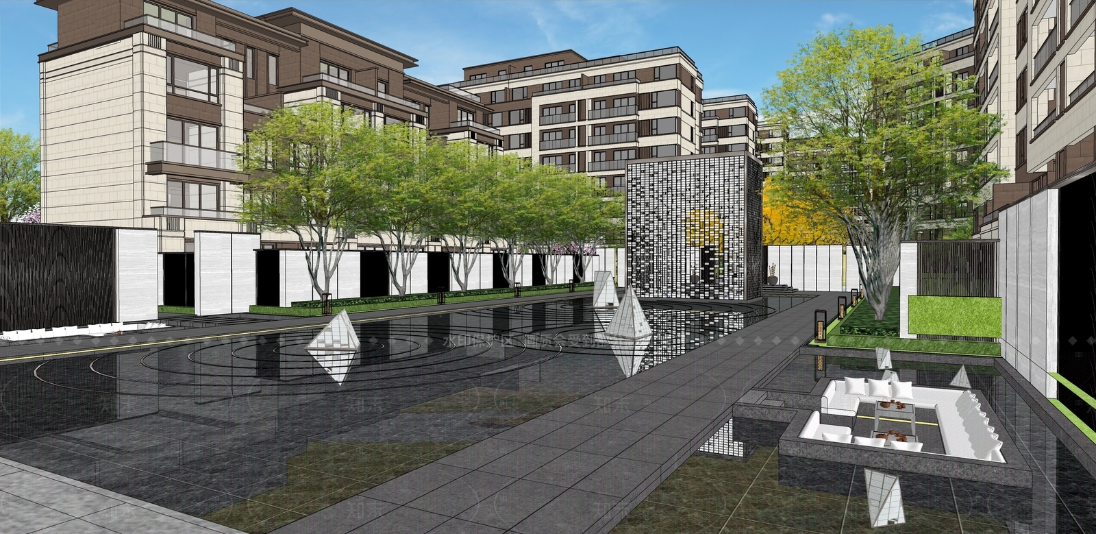 现代新中式小区建筑SU模型下载【ID:1204975168】