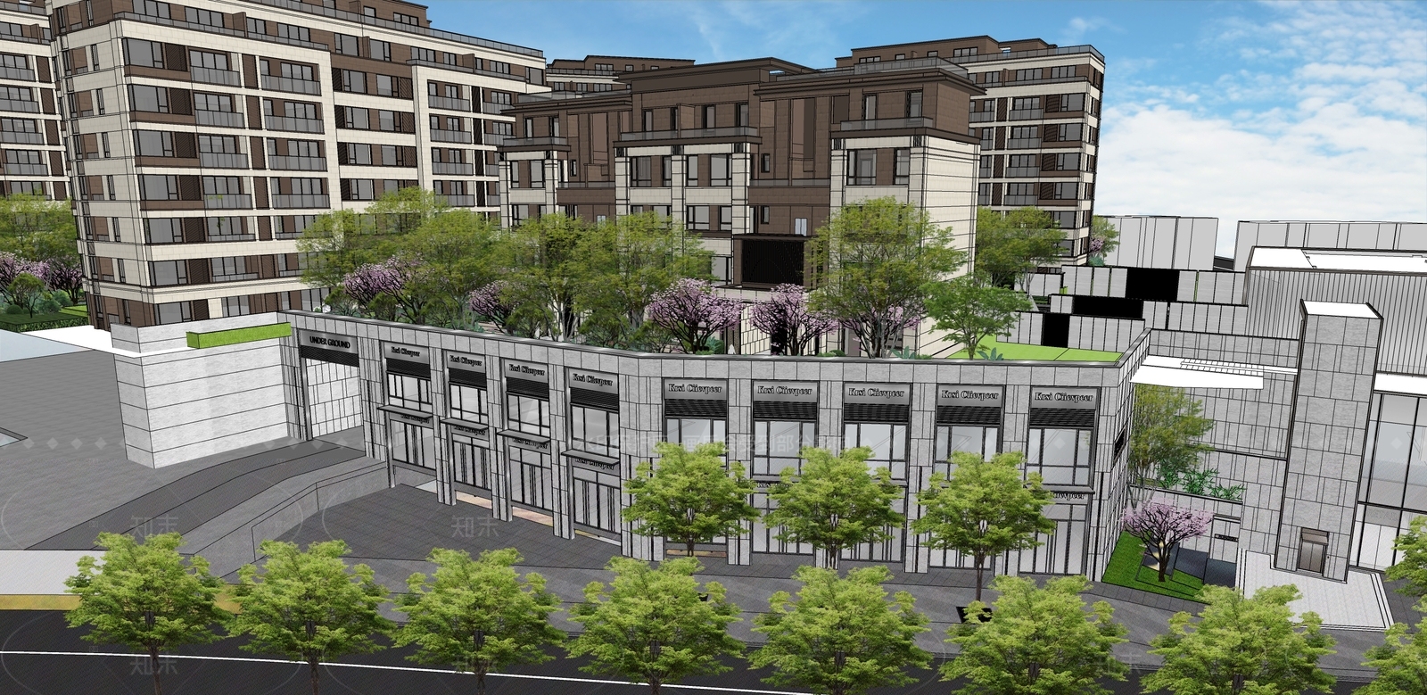 现代新中式小区建筑SU模型下载【ID:1204975168】