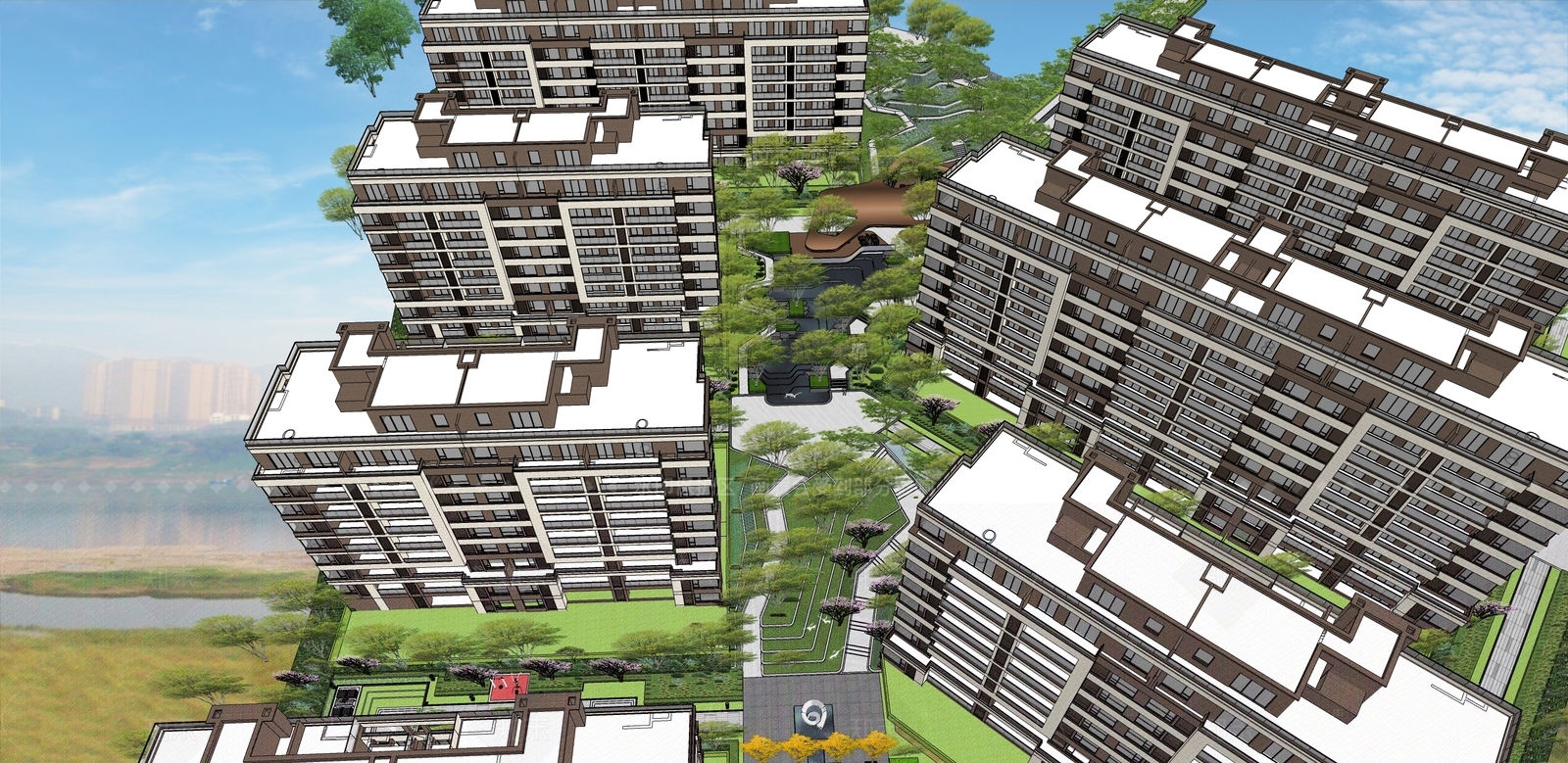 现代新中式小区建筑SU模型下载【ID:1204975168】