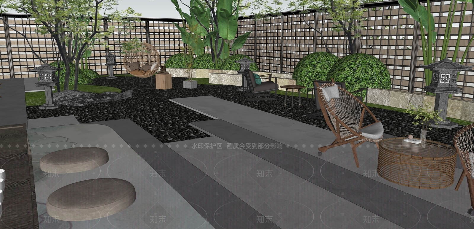 现代新中式别墅庭院SU模型下载【ID:1204992594】
