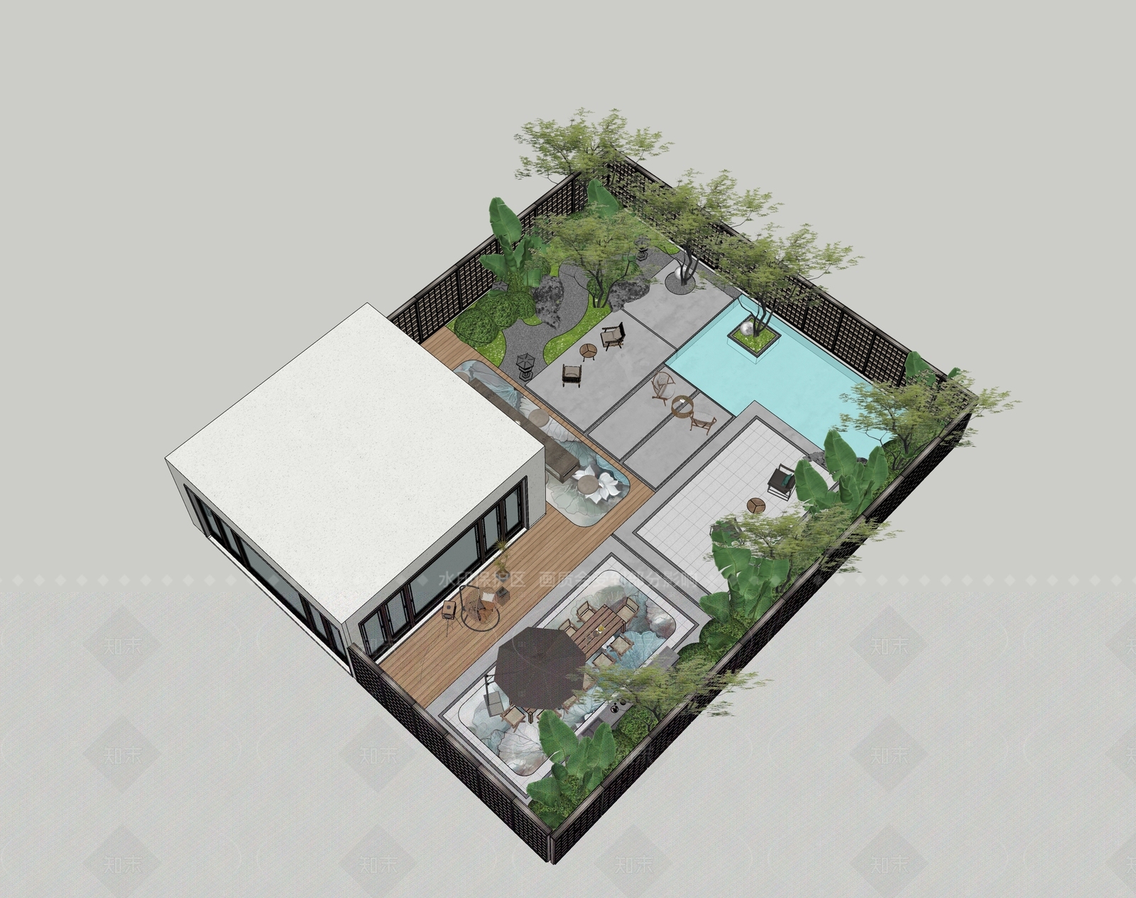 现代新中式别墅庭院SU模型下载【ID:1205003715】