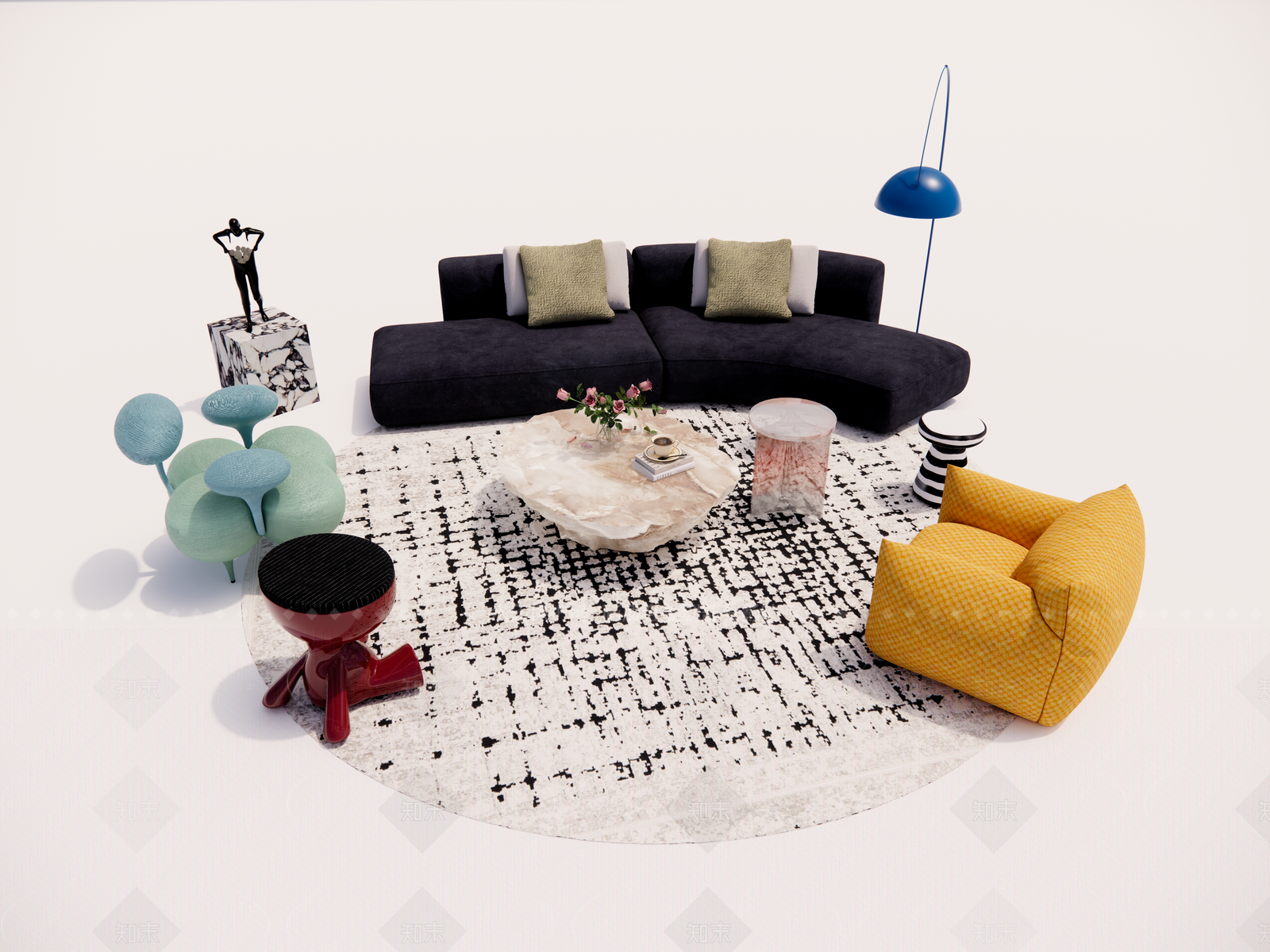 现代奶油沙发组合SU模型下载【ID:1205025444】