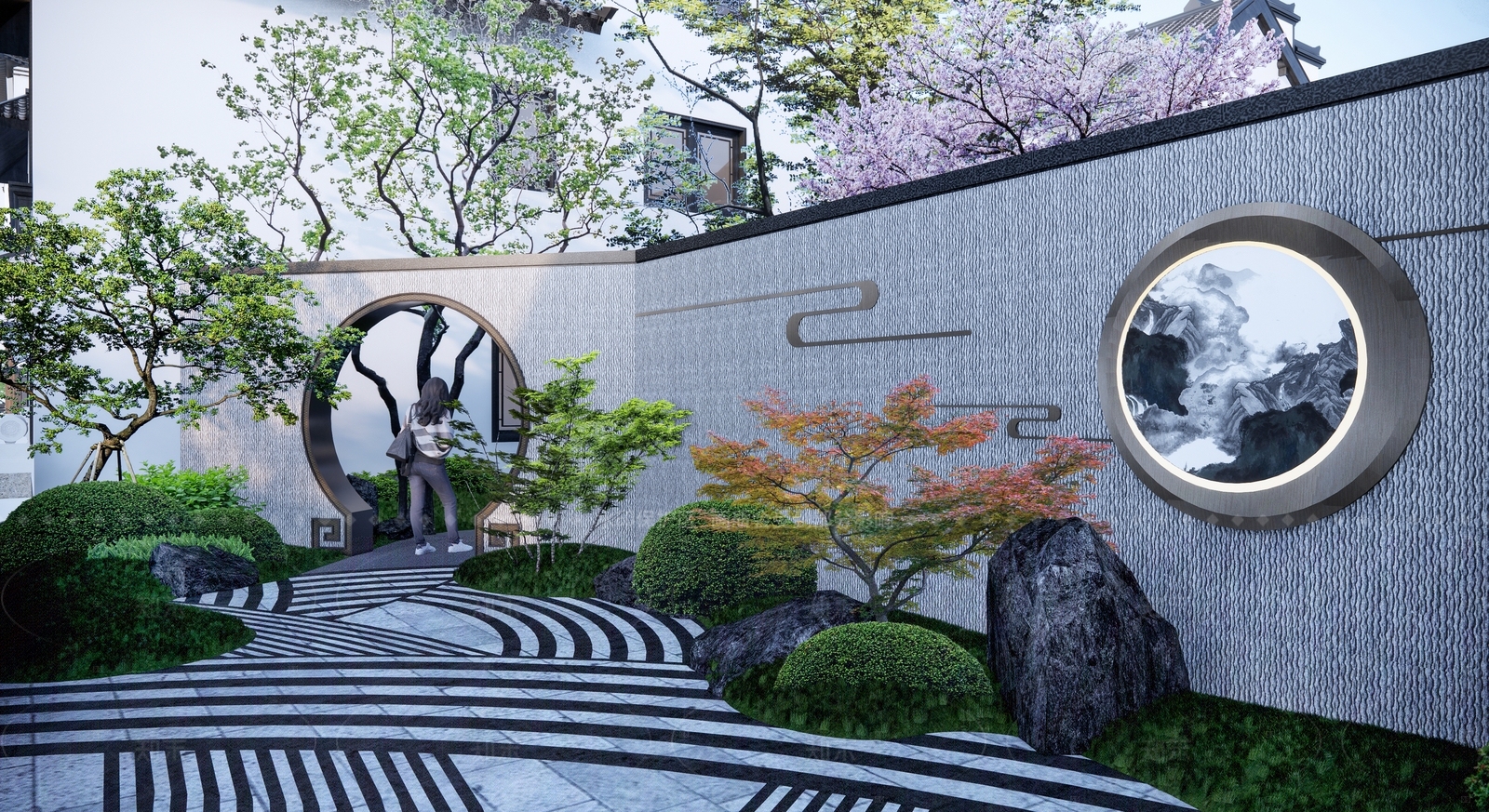 新中式中式景墙SU模型下载【ID:1205030815】