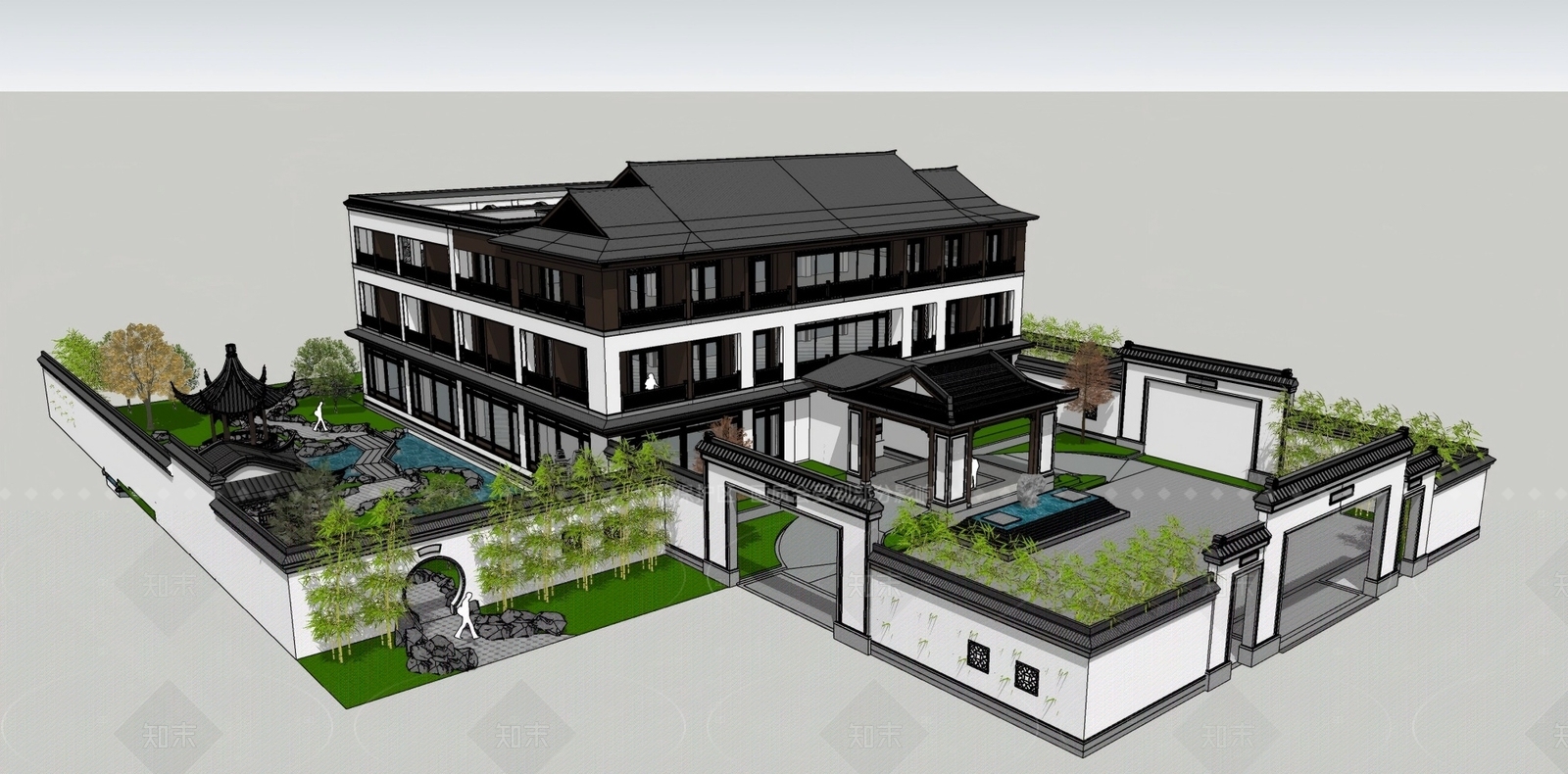 中式新中式四合院SU模型下载【ID:1205041522】