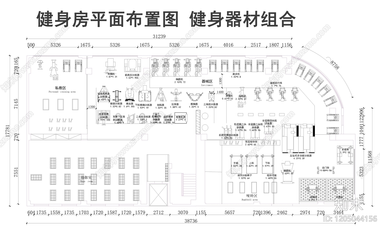 现代健身房施工图下载【ID:1205044156】