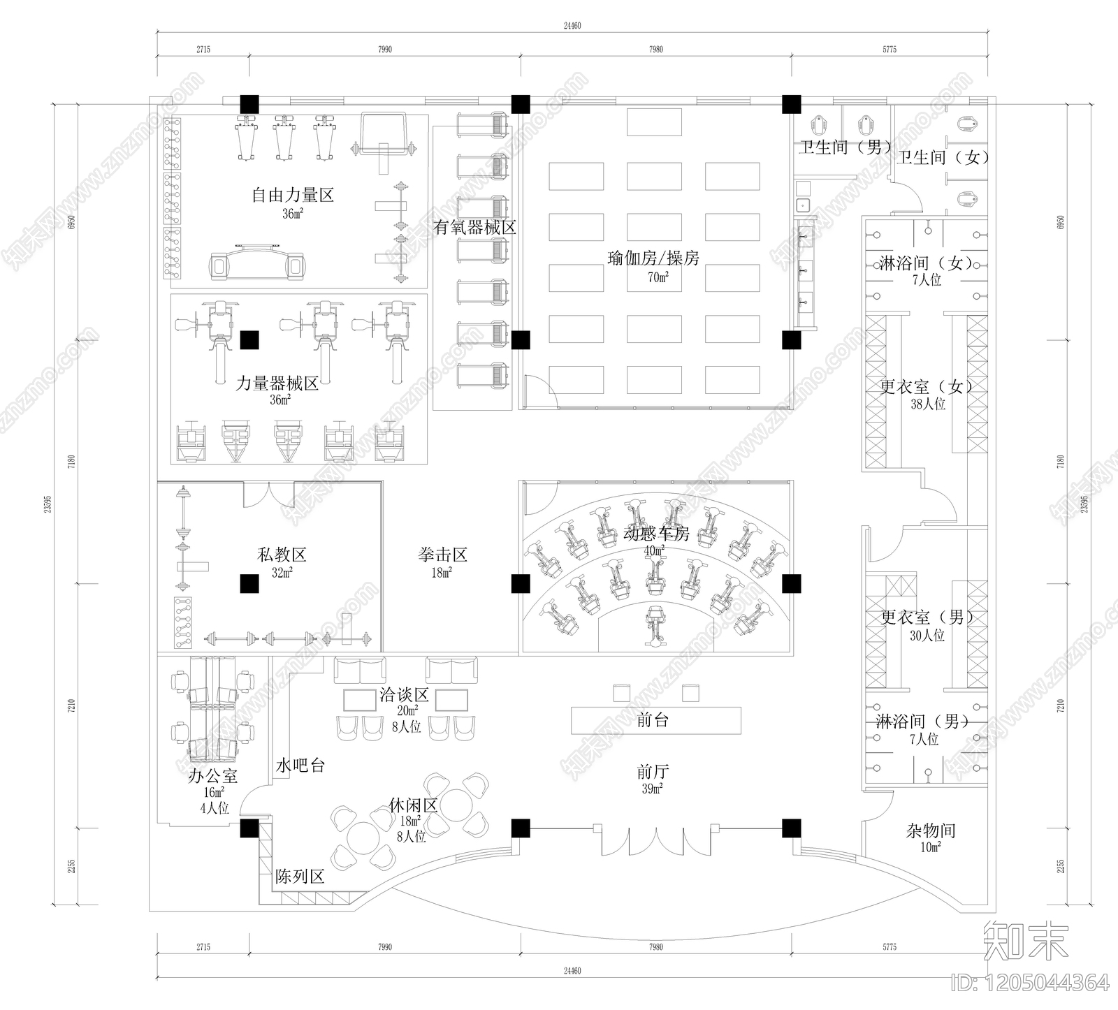 现代健身房cad施工图下载【ID:1205044364】