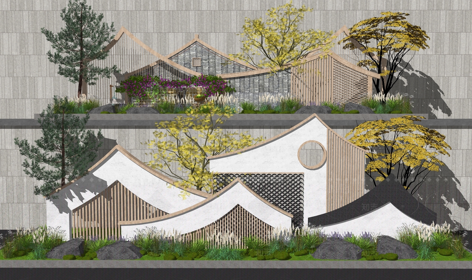 新中式复古文化墙SU模型下载【ID:1205051521】