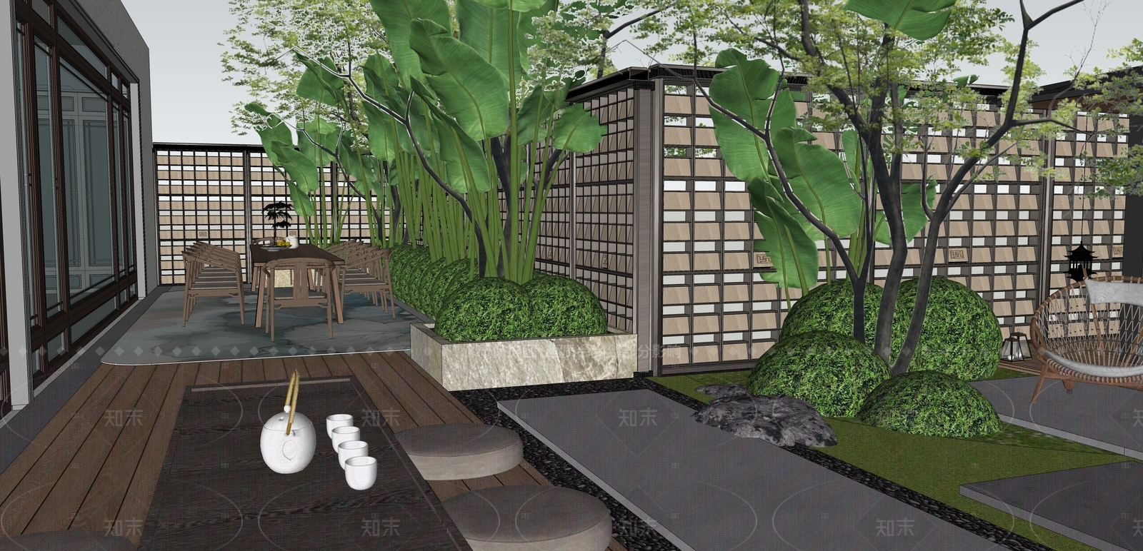 现代新中式别墅庭院SU模型下载【ID:1205064628】