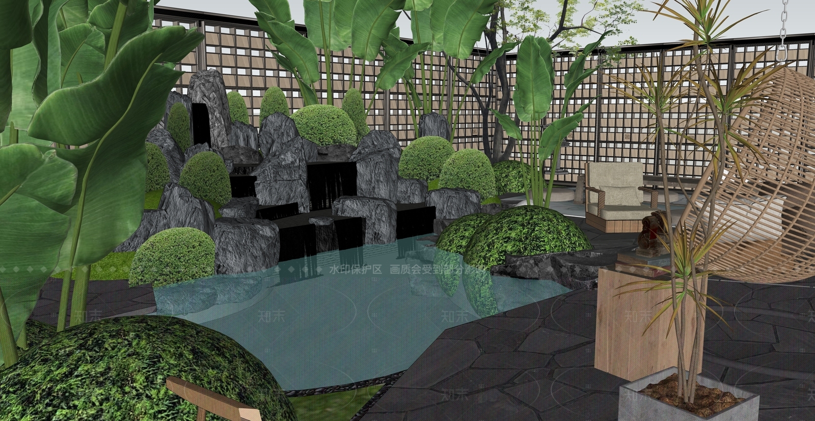 现代新中式别墅庭院SU模型下载【ID:1205077733】