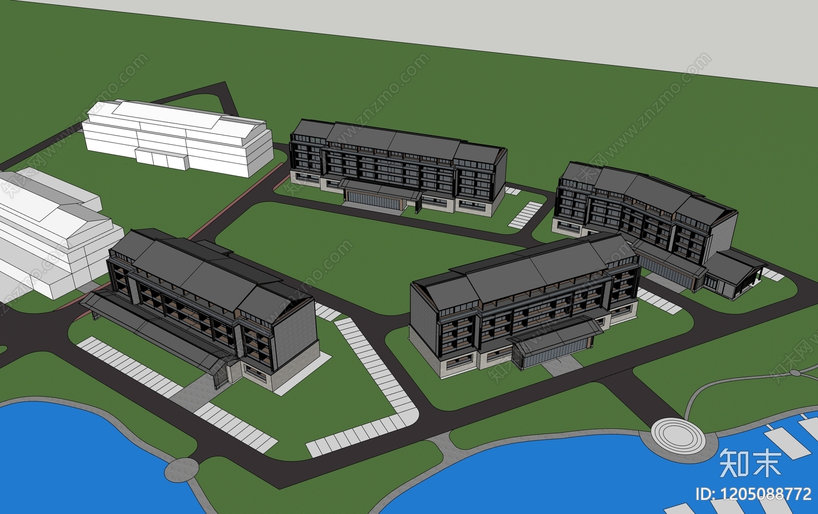 现代新中式酒店建筑SU模型下载【ID:1205088772】