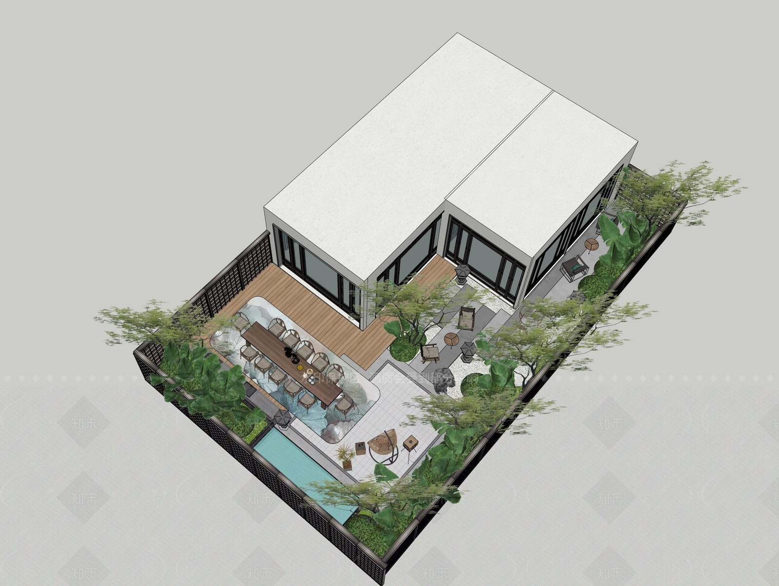 现代新中式别墅庭院SU模型下载【ID:1205092891】