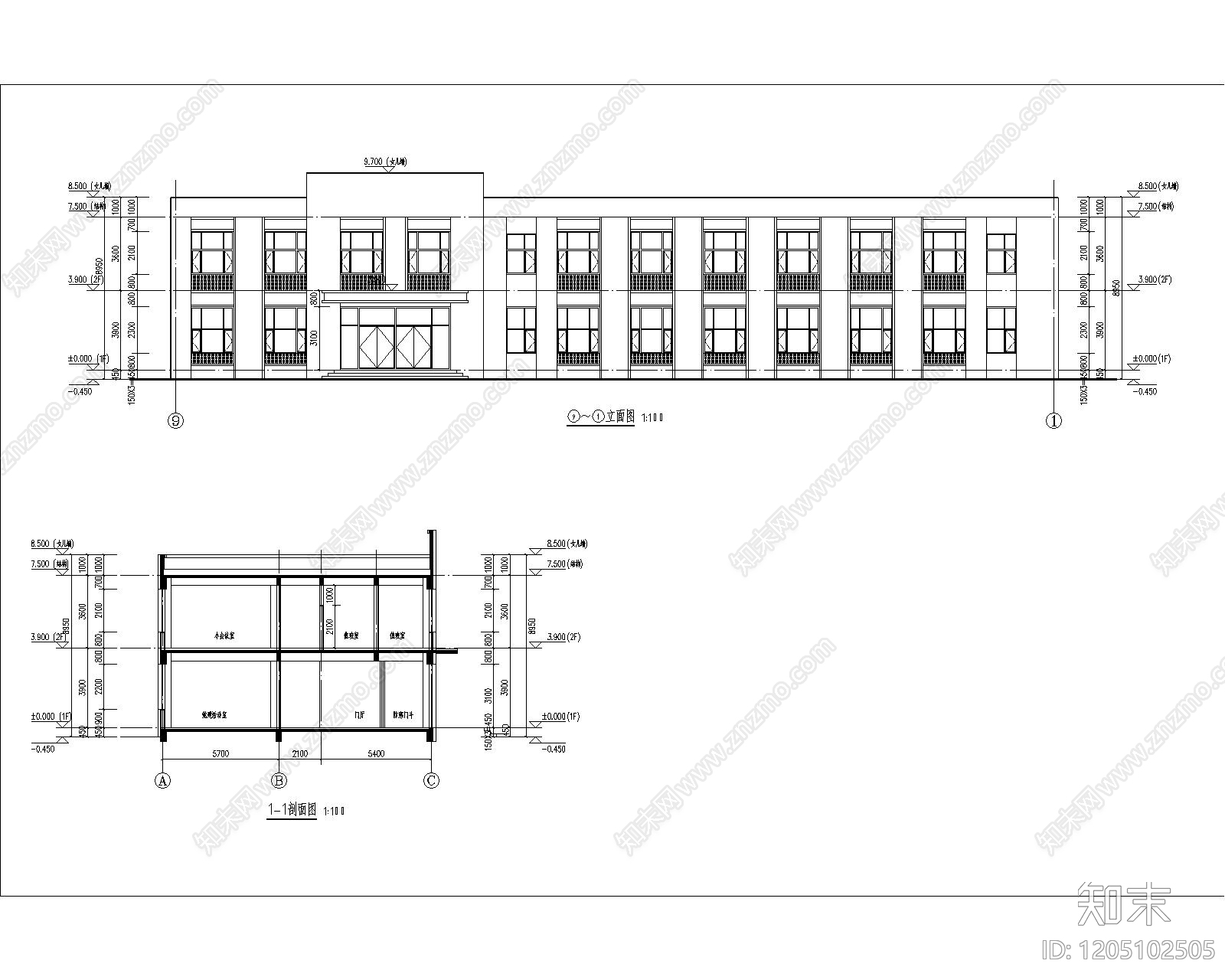 现代极简办公楼建筑cad施工图下载【ID:1205102505】