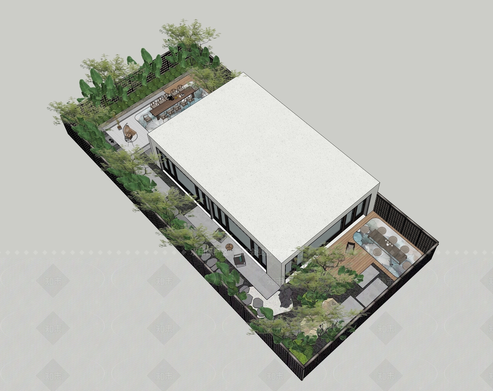 现代新中式别墅庭院SU模型下载【ID:1205103330】