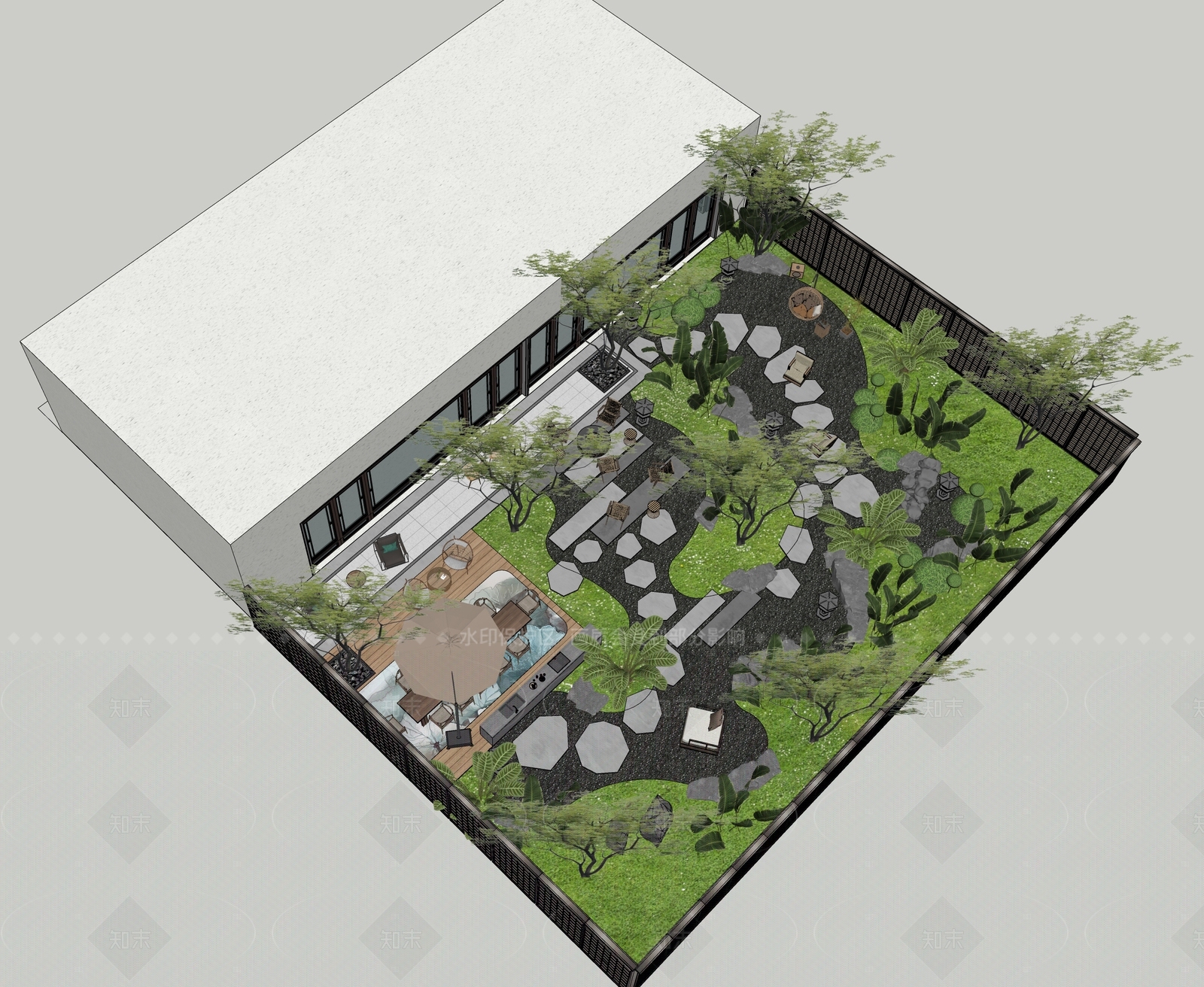 现代新中式别墅庭院SU模型下载【ID:1205115465】