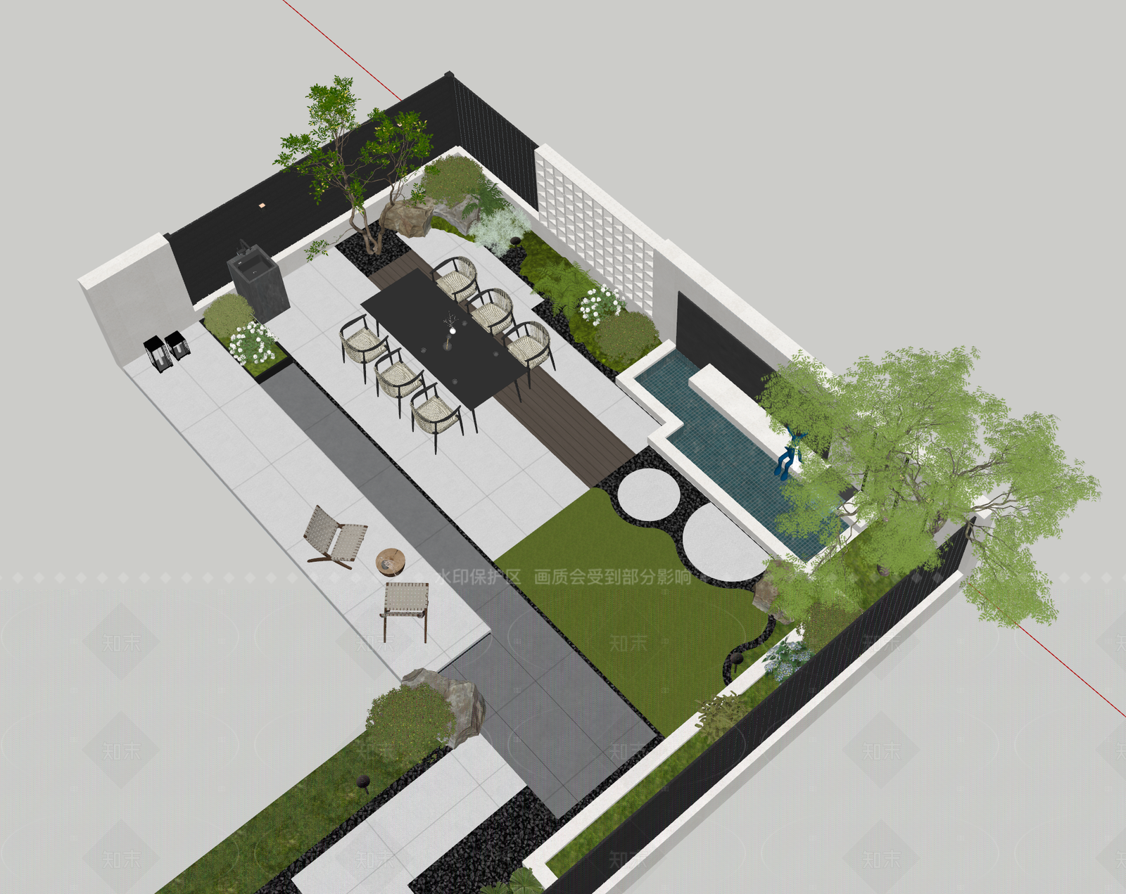 现代轻奢别墅庭院SU模型下载【ID:1205117397】