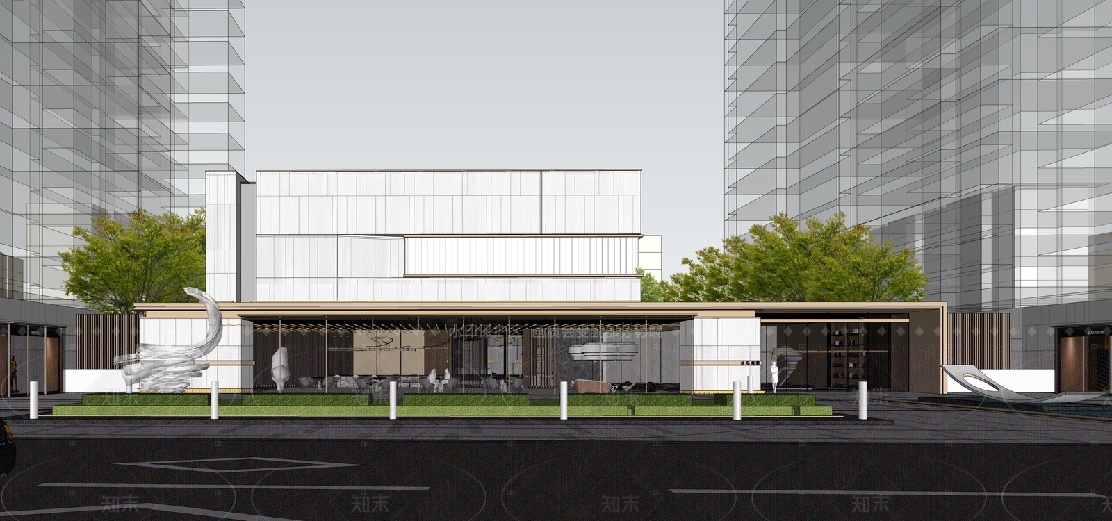 现代新中式售楼处建筑SU模型下载【ID:1205136491】